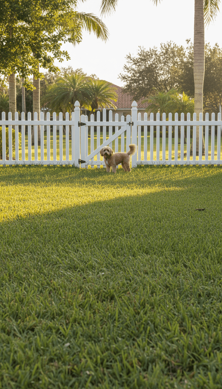 A clean, grassy backyard in Jensen Beach with a dog near a secure gate