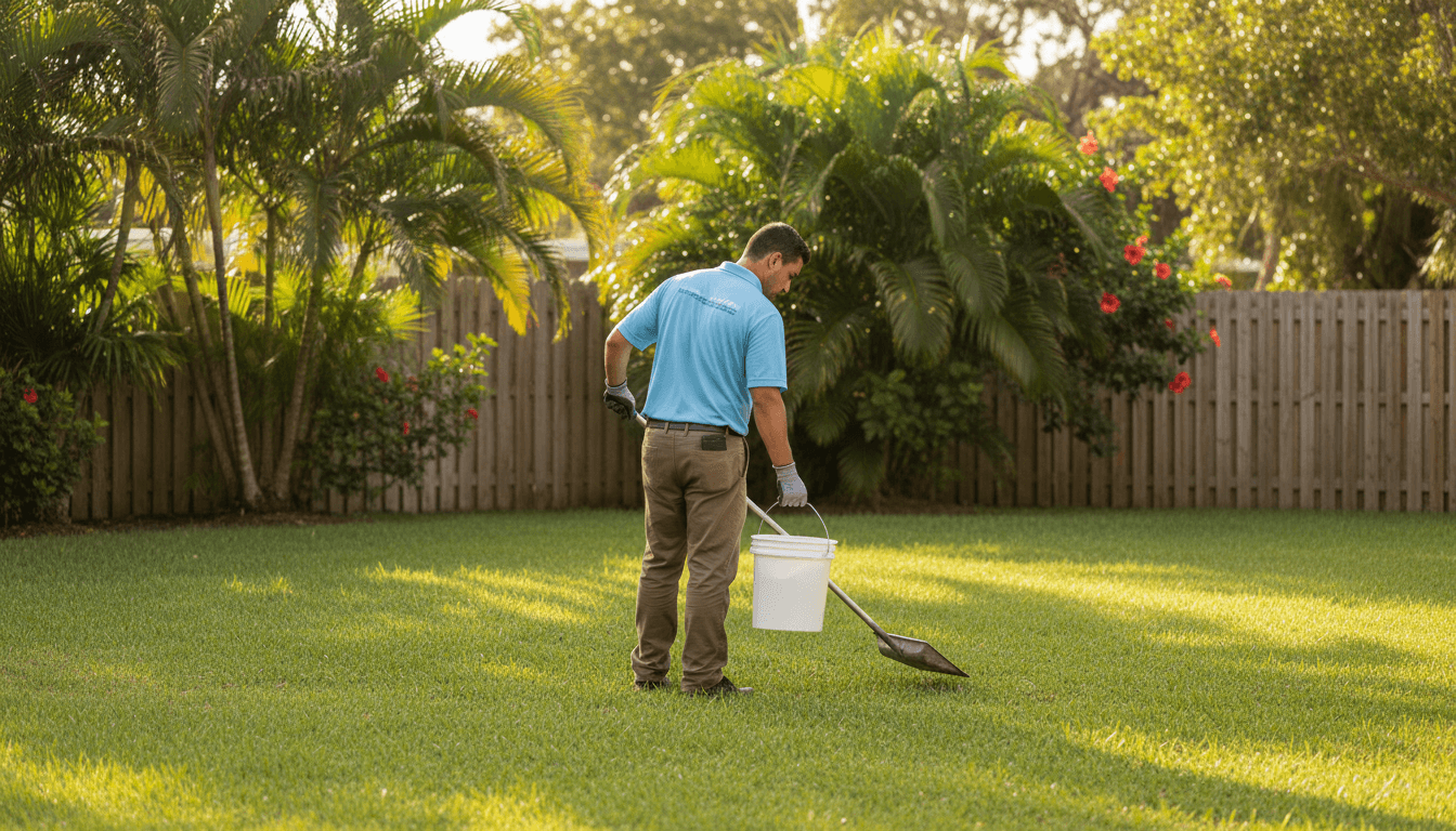 Professional scooping pet waste from a green backyard in Jensen Beach