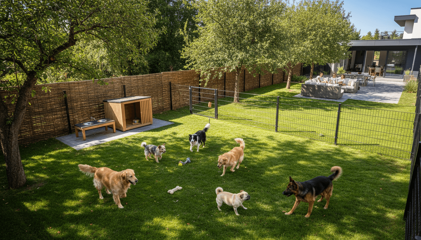 Clean backyard with latched gate and happy dog