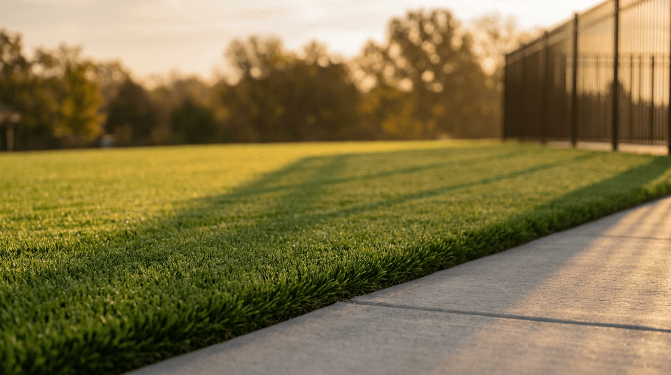 Clean sunny Florida backyard with a latched gate and eco-friendly sanitizer in the grass